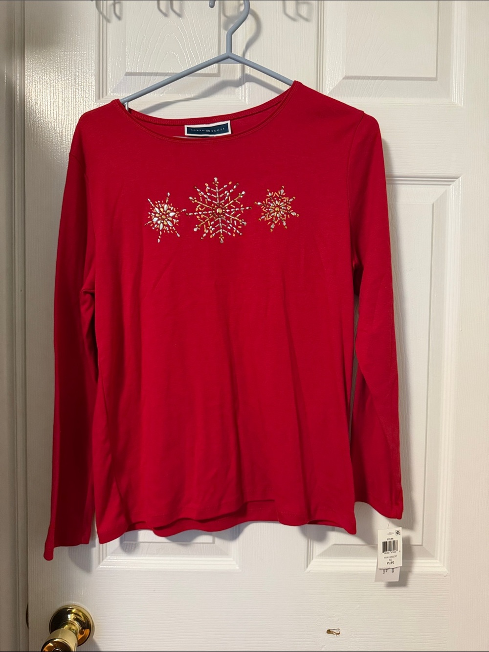 Karen Scott Red Long-Sleeve Tee with Jeweled Snowflake Accents